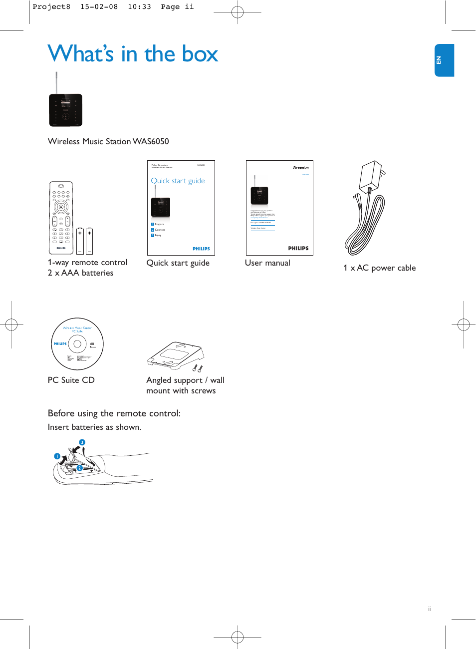 What’s in the box, Before using the remote control, Insert batteries as shown | Quick start guide | Philips Stremium Wireless Music Station WAS6050 User Manual | Page 2 / 17