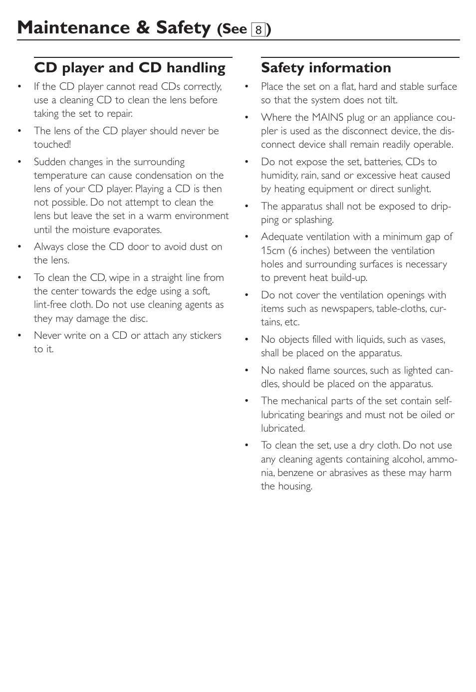 Maintenance & safety, See 8 ) cd player and cd handling, Safety information | Philips CD SOUNDMACHINE AZ302S User Manual | Page 10 / 14