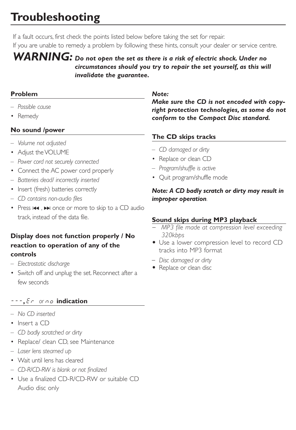 Troubleshooting, Warning | Philips CD SOUNDMACHINE AZ302S User Manual | Page 11 / 14