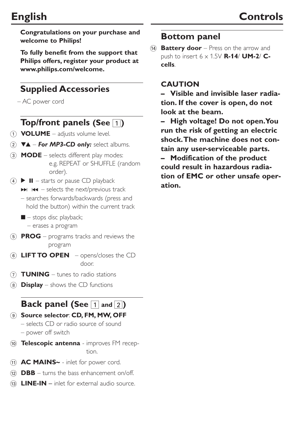 English controls, Supplied accessories, Top/front panels | Back panel, Bottom panel, See 1 ), See 1 | Philips CD SOUNDMACHINE AZ302S User Manual | Page 5 / 14