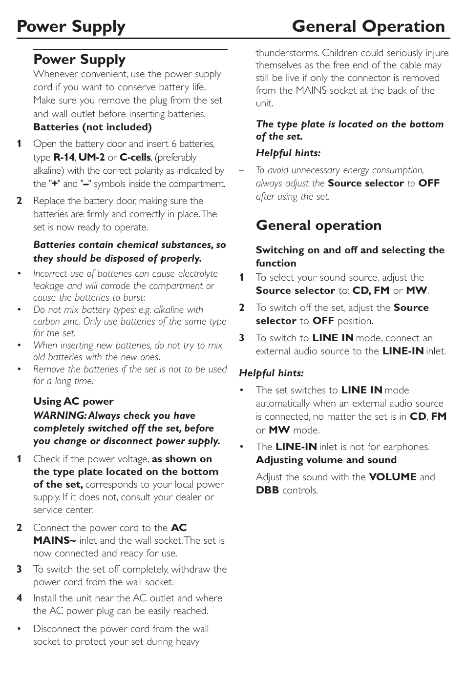 Power supply general operation, Power supply, General operation | Philips CD SOUNDMACHINE AZ302S User Manual | Page 6 / 14