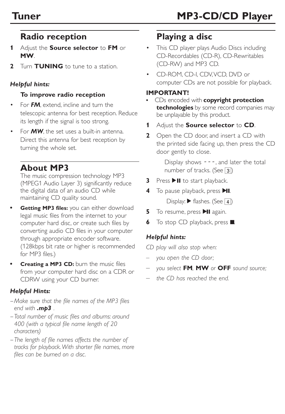 Tuner mp3-cd/cd player, Radio reception, About mp3 | Playing a disc | Philips CD SOUNDMACHINE AZ302S User Manual | Page 7 / 14