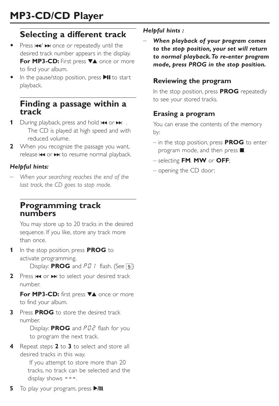 Mp3-cd/cd player, Selecting a different track, Finding a passage within a track | Programming track numbers | Philips CD SOUNDMACHINE AZ302S User Manual | Page 8 / 14