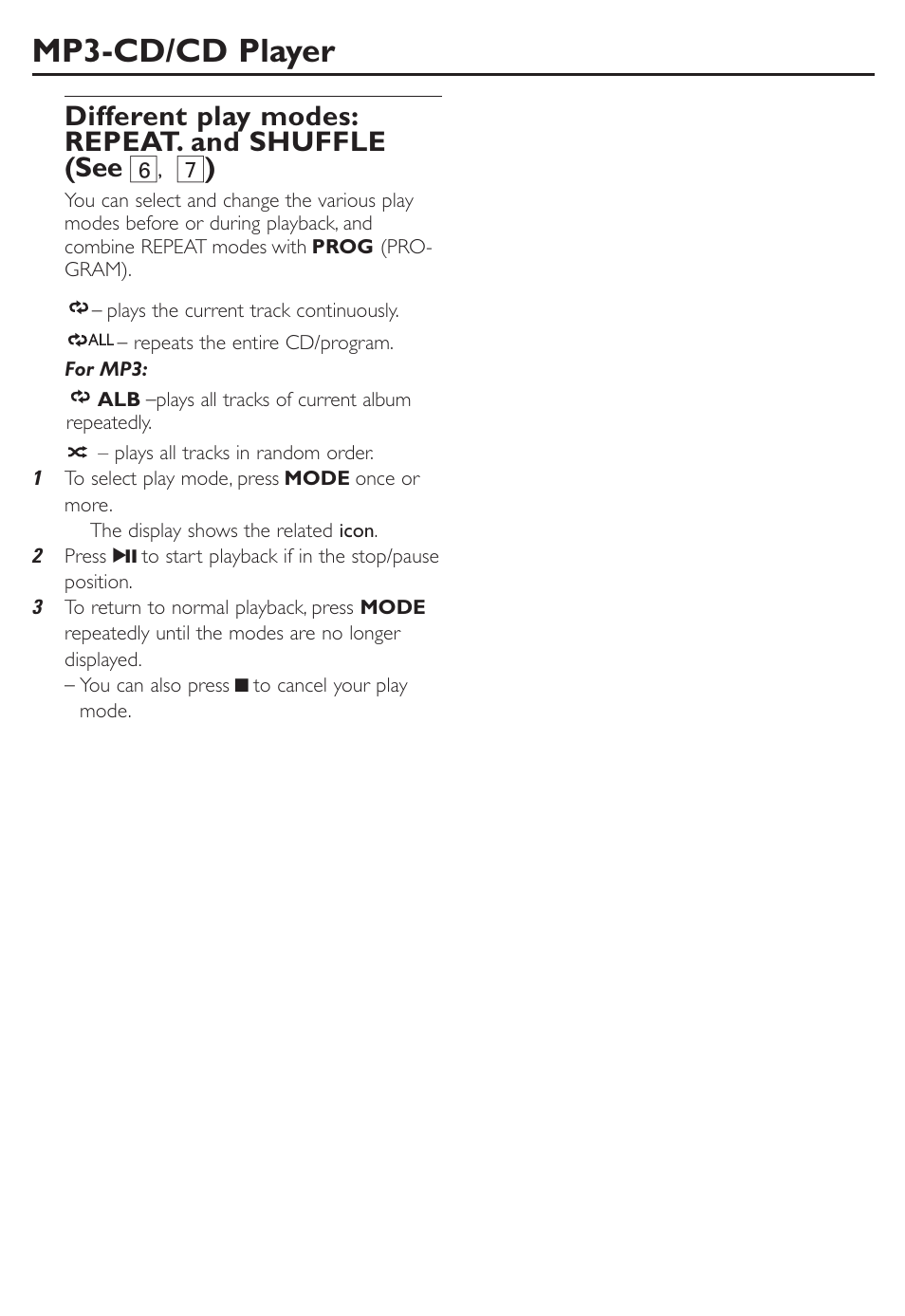 Mp3-cd/cd player, Different play modes: repeat. and shuffle (see 6 | Philips CD SOUNDMACHINE AZ302S User Manual | Page 9 / 14