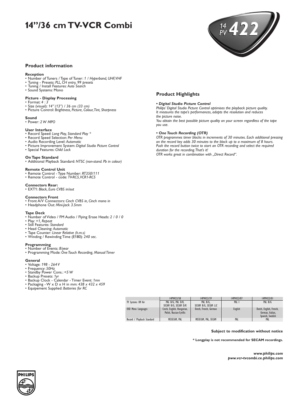 14’’/36 cm tv-vcr combi, 14 pv | Philips 14PV422 User Manual | Page 2 / 2