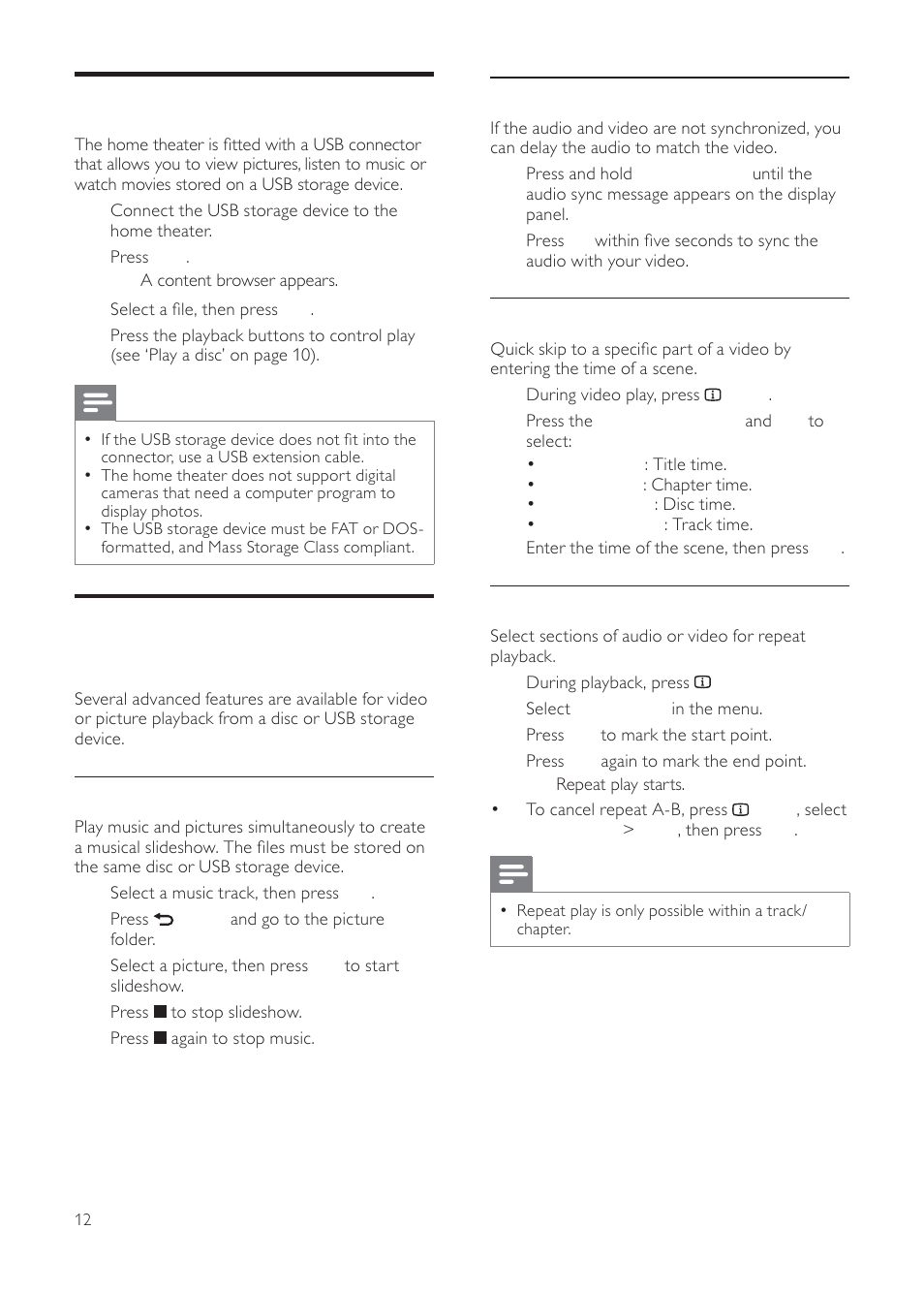 Play from a usb storage device, More play features for disc or usb | Philips HTS3511E User Manual | Page 12 / 20