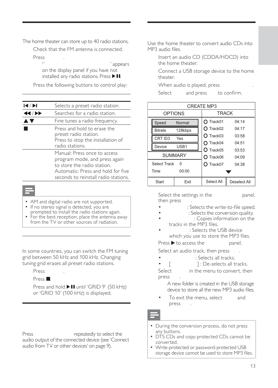 Create mp3 audio fi les, Play from radio, Play audio from tv or other devices | Philips HTS3511E User Manual | Page 13 / 20