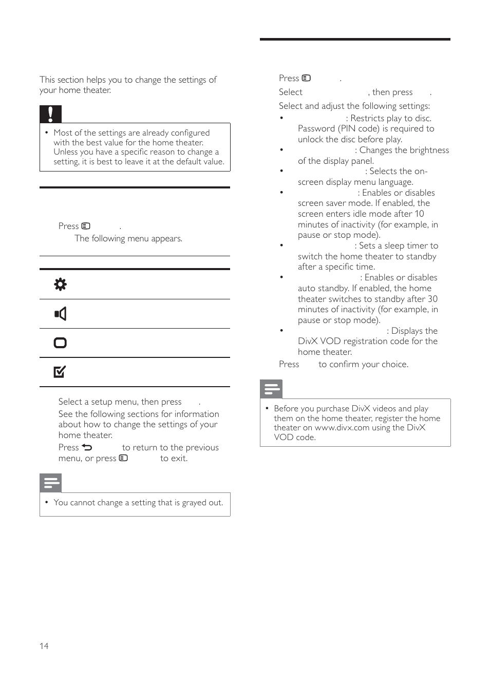 6 change settings, Change general settings, Access the setup menu | Philips HTS3511E User Manual | Page 14 / 20