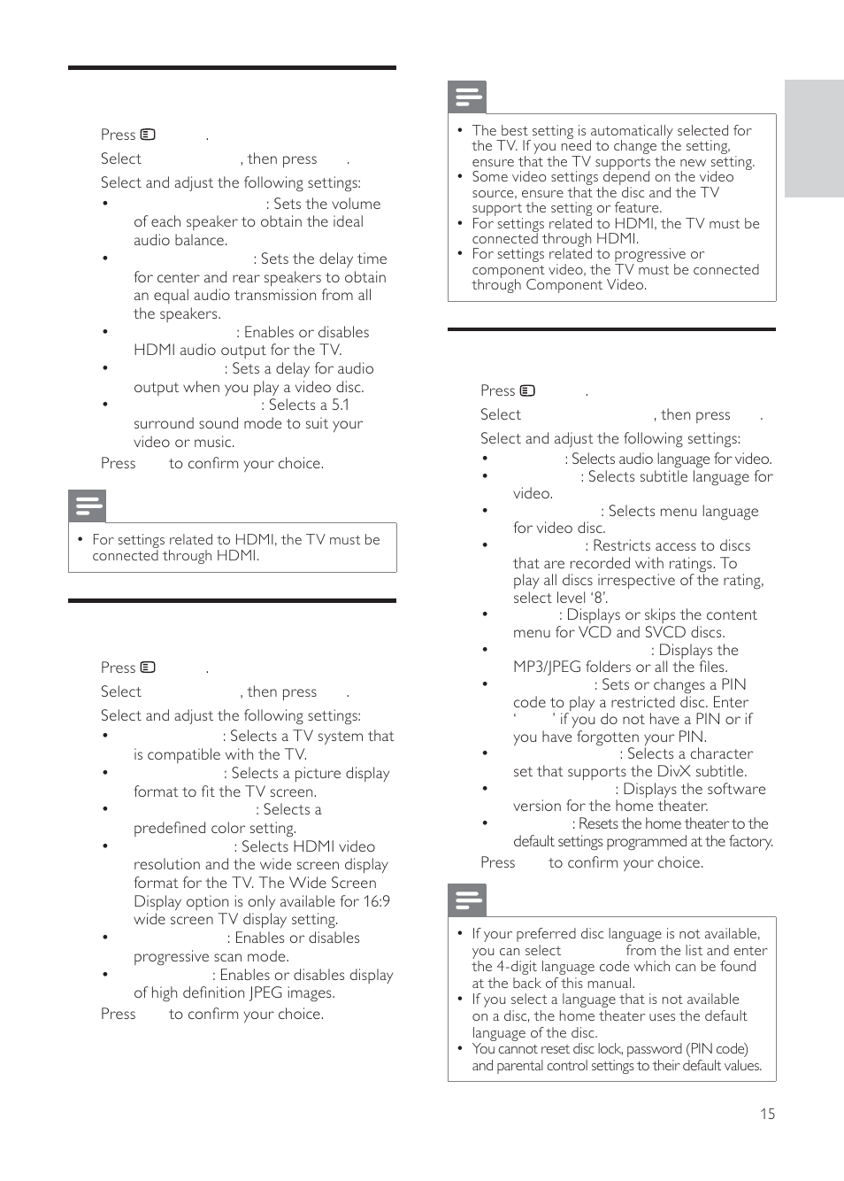 Change preference settings, Change audio settings, Change video settings | Philips HTS3511E User Manual | Page 15 / 20