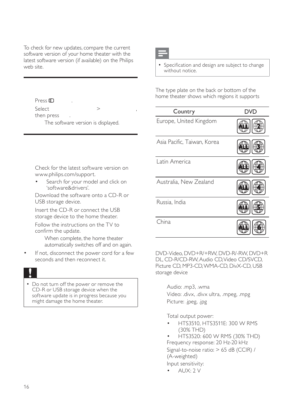 8 product specifications, 7 update software | Philips HTS3511E User Manual | Page 16 / 20