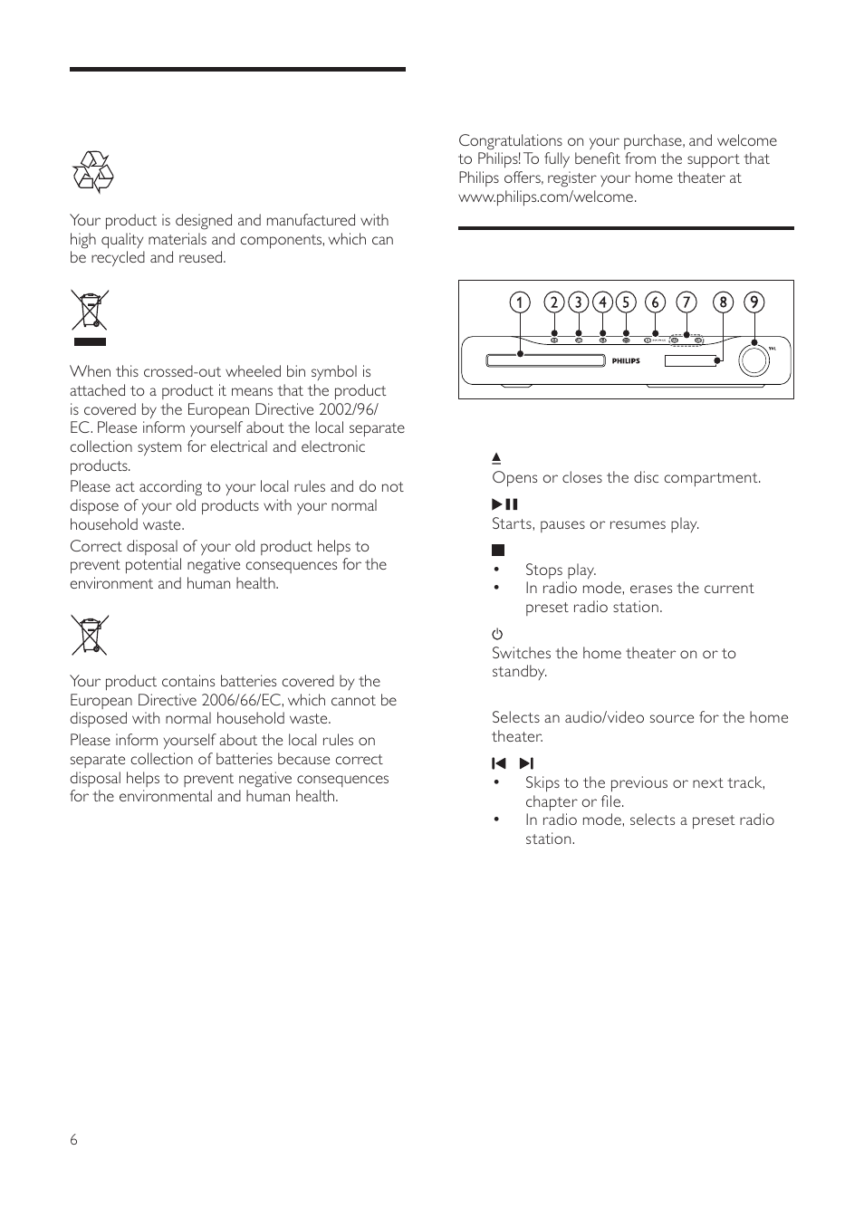 3 your home theater, Main unit, Disposal of your old product and batteries | Philips HTS3511E User Manual | Page 6 / 20