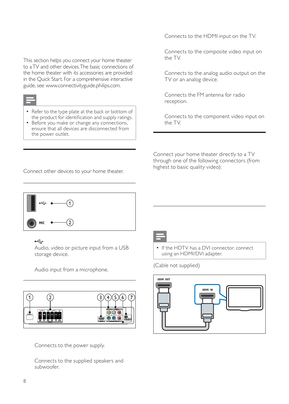 4 connect your home theater, Connect to the tv, Connectors | Philips HTS3511E User Manual | Page 8 / 20