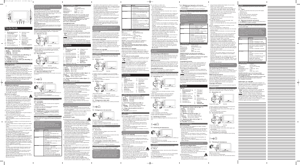 Da-content, 1 kontrolelementer og funkti, 1 afspillerens venstre side | 2 afspillerens forside, 3 afspillerens højre side, 3 generel information, 3 tilslutning, 1 anvendelse i bil, 2 anvendelse hjemme, 3 tilslutning til hovedtel | Philips PAC130 User Manual | Page 2 / 4