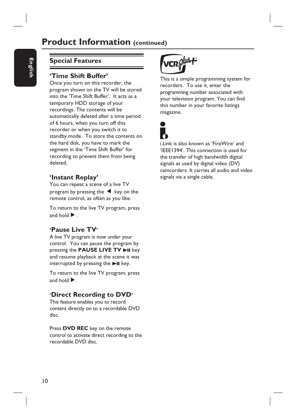 Product information | Philips DVDR3455H User Manual | Page 10 / 77