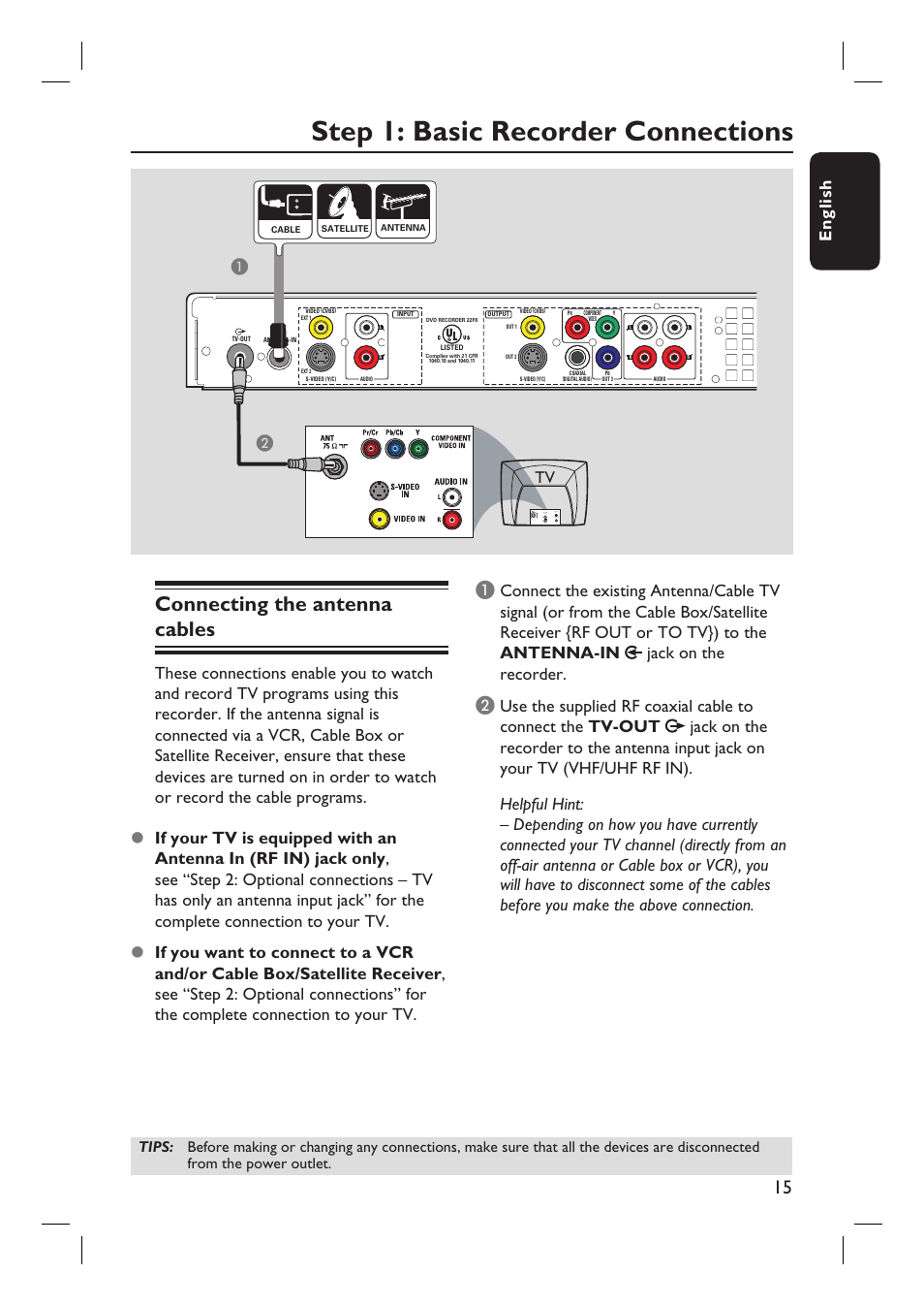 Step 1: basic recorder connections, Connecting the antenna cables, English | Tv a b | Philips DVDR3455H User Manual | Page 15 / 77