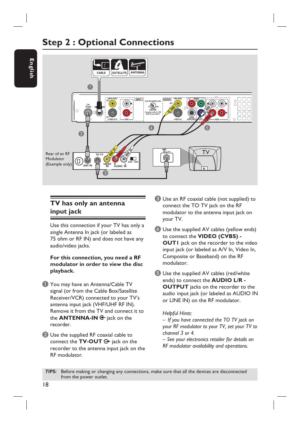 Step 2 : optional connections, Tv has only an antenna input jack, English | Ab c d e | Philips DVDR3455H User Manual | Page 18 / 77