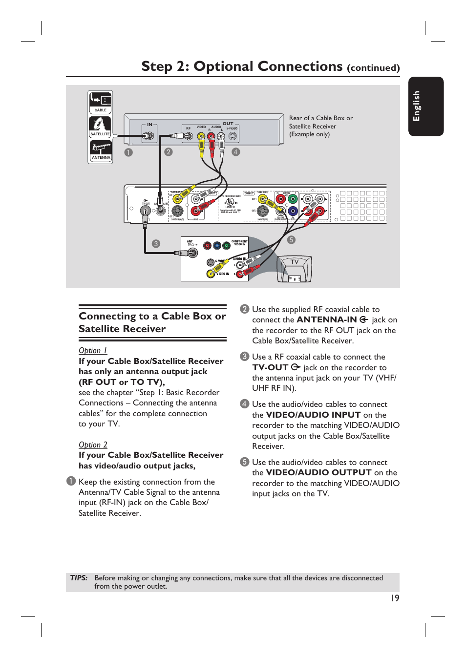 Step 2: optional connections, Connecting to a cable box or satellite receiver, Continued) | English, Ab c | Philips DVDR3455H User Manual | Page 19 / 77