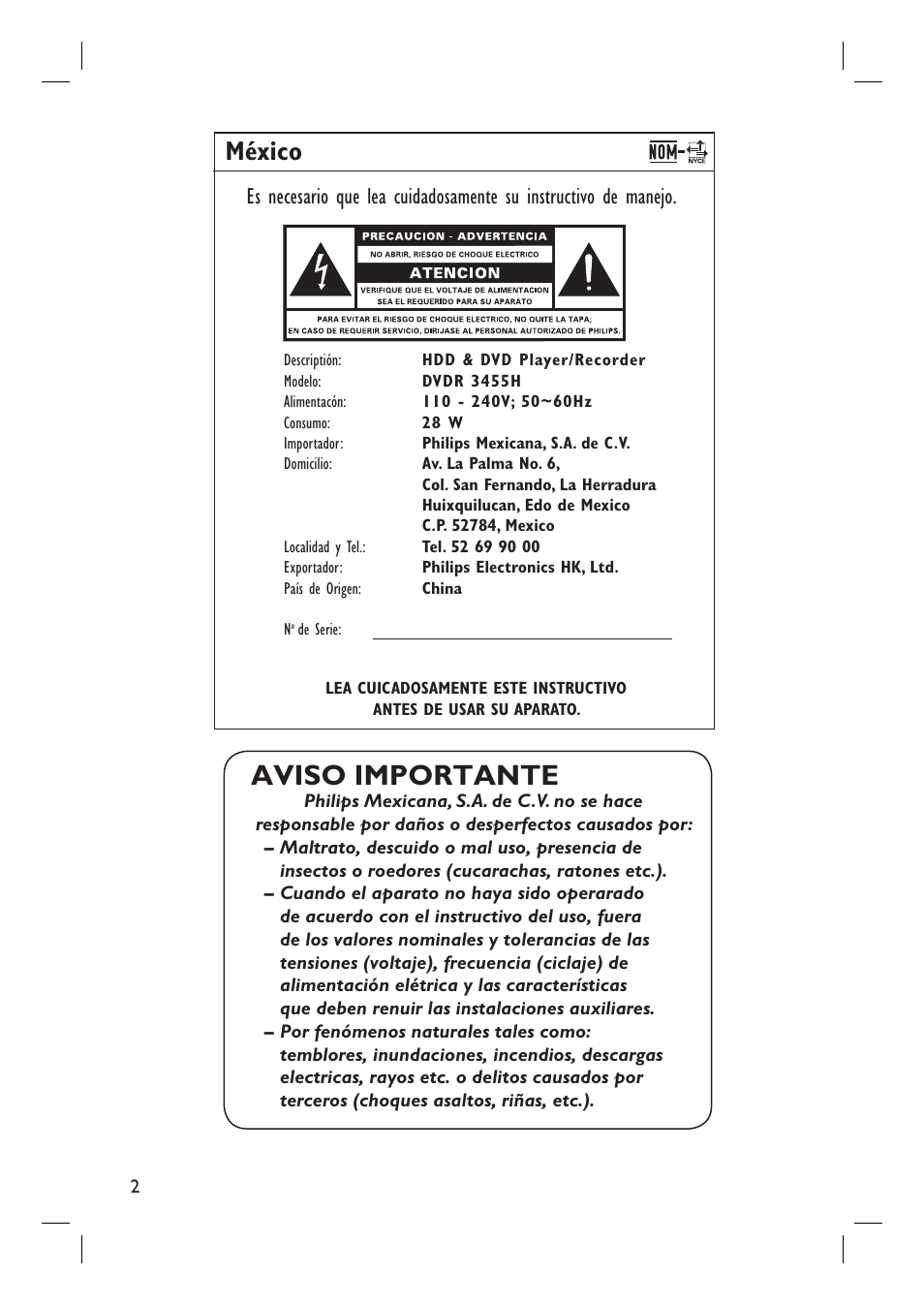 Aviso importante, México | Philips DVDR3455H User Manual | Page 2 / 77