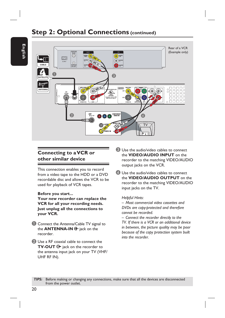 Step 2: optional connections, Connecting to a vcr or other similar device, Continued) | English, Ab c | Philips DVDR3455H User Manual | Page 20 / 77