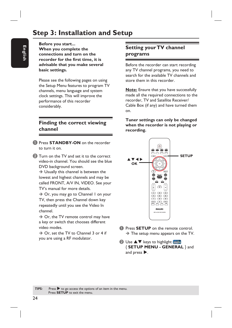 Step 3: installation and setup, Finding the correct viewing channel, Setting your tv channel programs | Philips DVDR3455H User Manual | Page 24 / 77