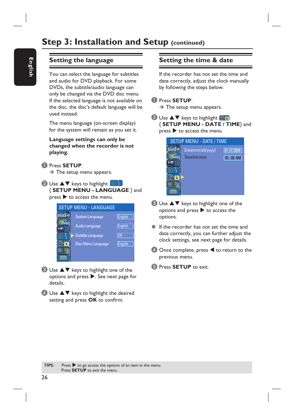 Step 3: installation and setup, Setting the language, Setting the time & date | Philips DVDR3455H User Manual | Page 26 / 77