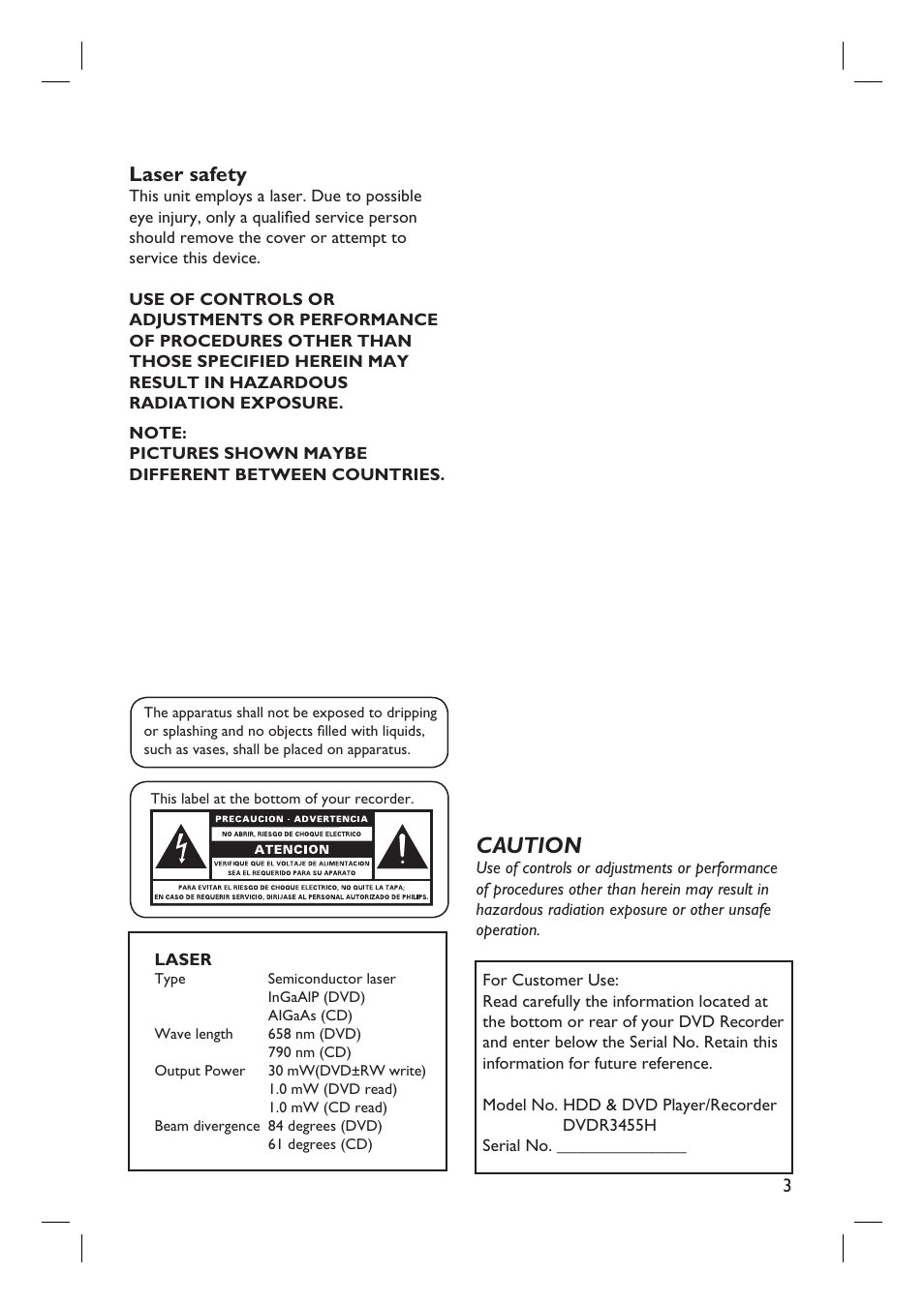 Caution, Laser safety | Philips DVDR3455H User Manual | Page 3 / 77