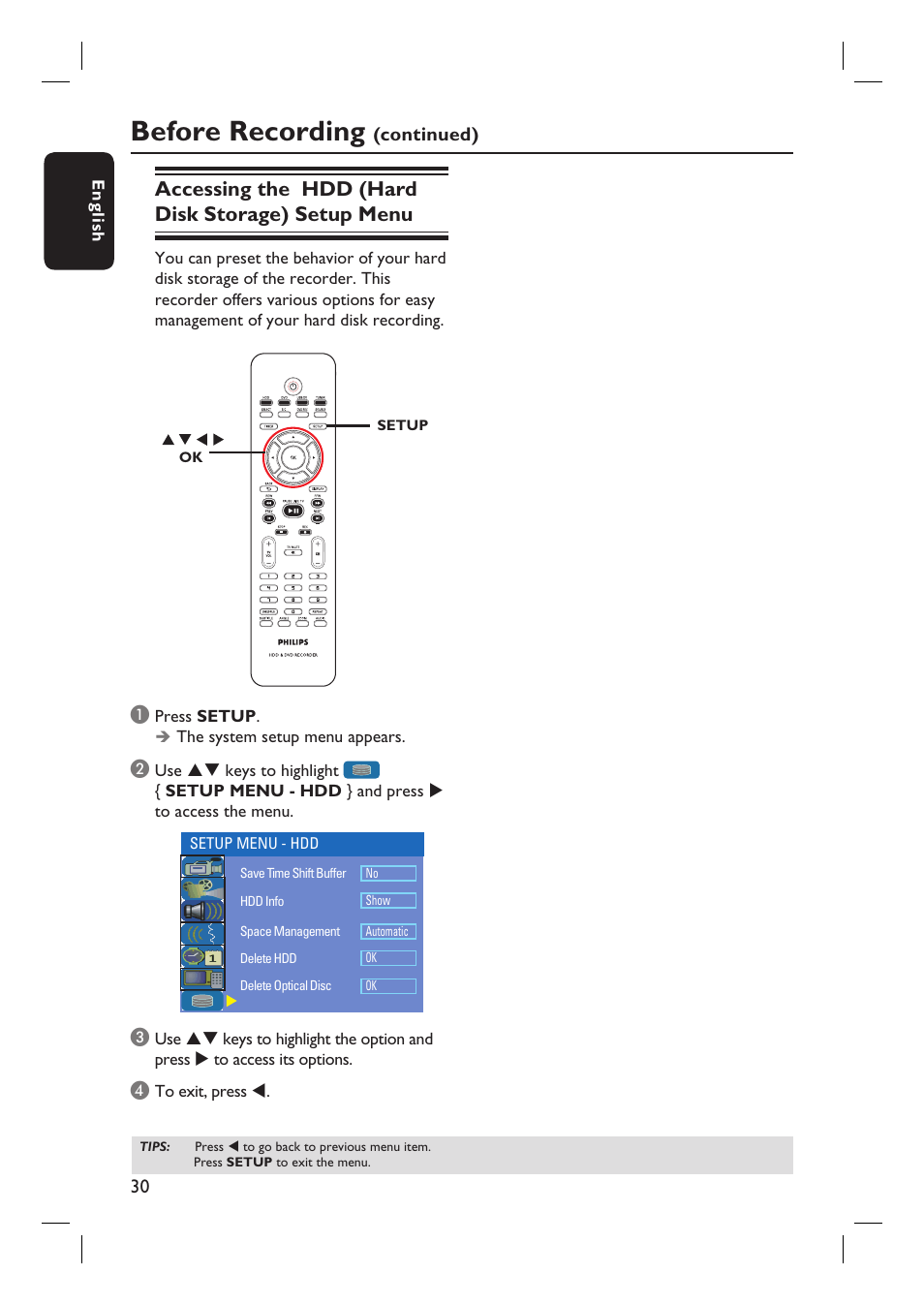 Before recording, Accessing the hdd (hard disk storage) setup menu | Philips DVDR3455H User Manual | Page 30 / 77