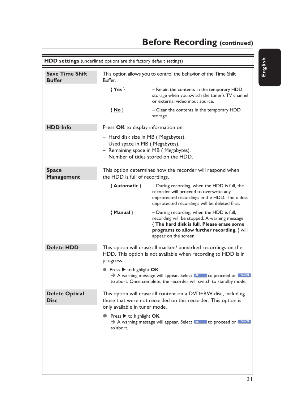 Before recording, Continued) | Philips DVDR3455H User Manual | Page 31 / 77