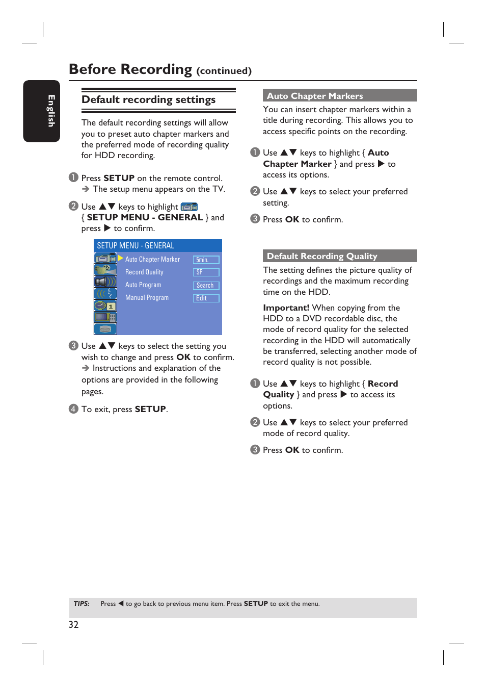 Before recording, Default recording settings | Philips DVDR3455H User Manual | Page 32 / 77