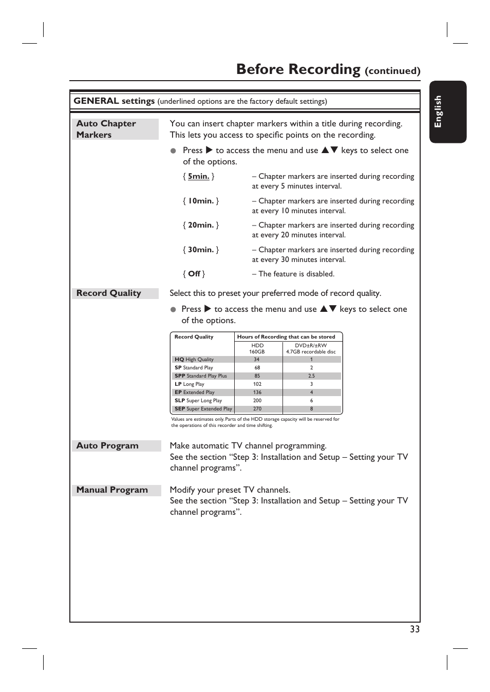 Before recording, Continued) | Philips DVDR3455H User Manual | Page 33 / 77