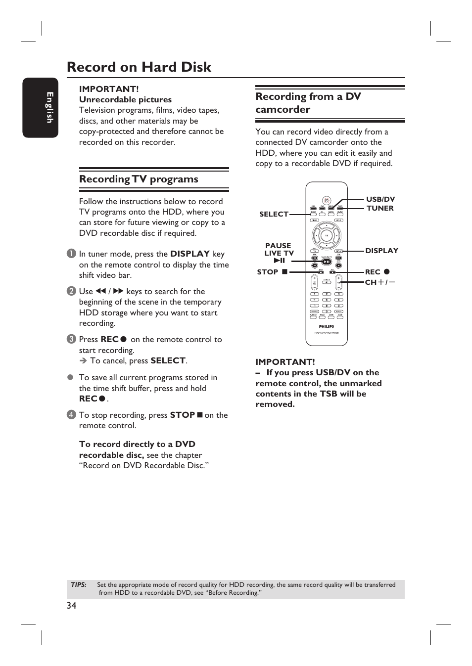 Record on hard disk, Recording tv programs, Recording from a dv camcorder | Philips DVDR3455H User Manual | Page 34 / 77