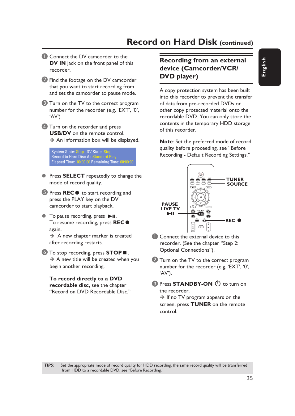 Record on hard disk | Philips DVDR3455H User Manual | Page 35 / 77