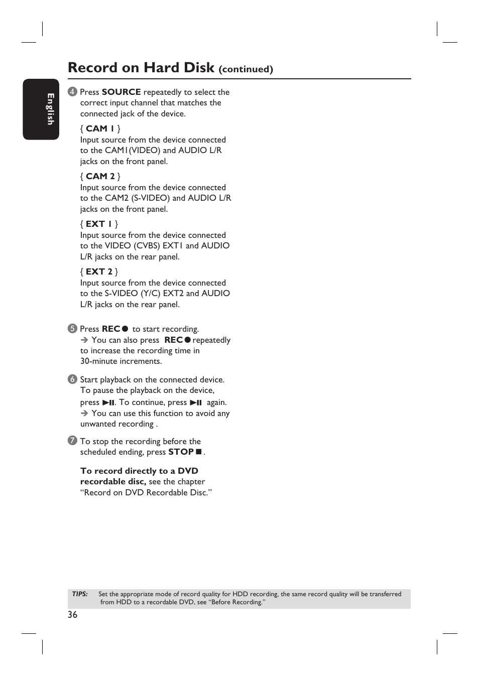 Record on hard disk | Philips DVDR3455H User Manual | Page 36 / 77