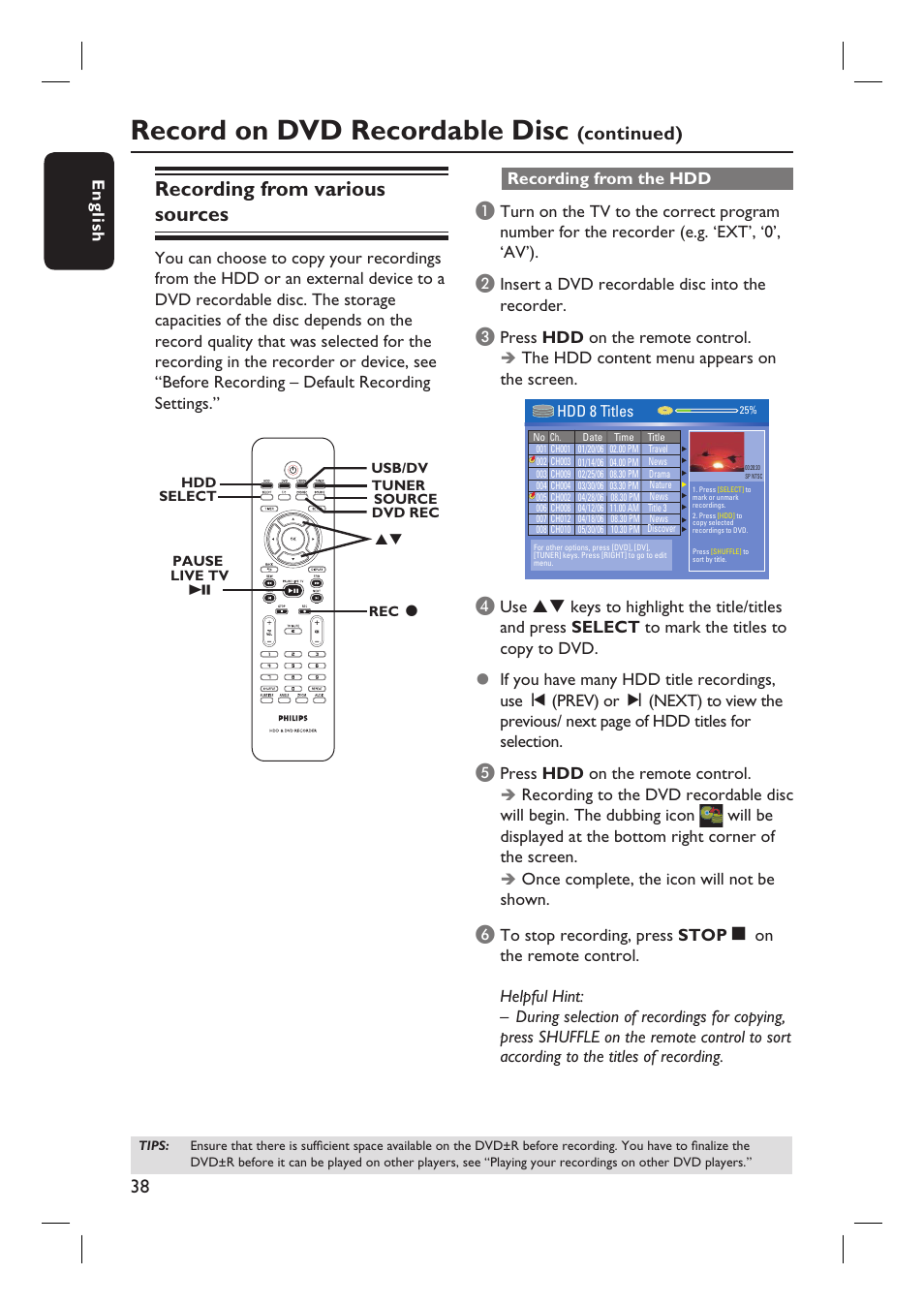 Record on dvd recordable disc, Recording from various sources, Continued) | English, Recording from the hdd, Insert a dvd recordable disc into the recorder | Philips DVDR3455H User Manual | Page 38 / 77