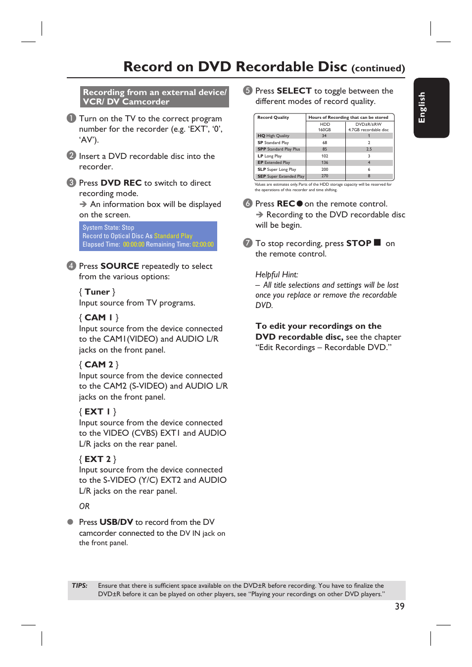 Record on dvd recordable disc, Continued) | Philips DVDR3455H User Manual | Page 39 / 77