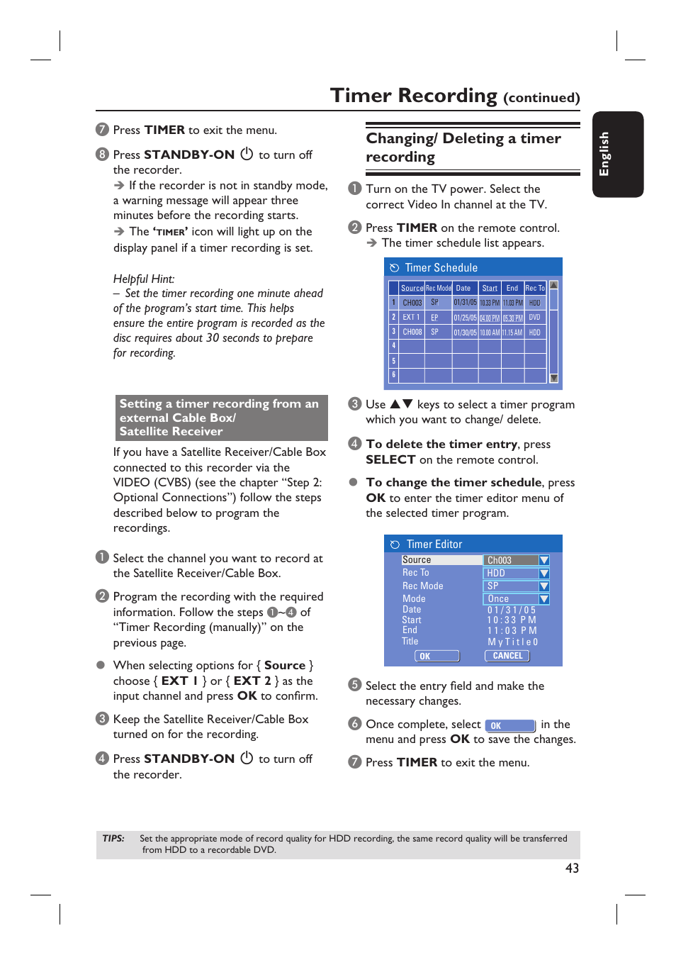 Timer recording, Changing/ deleting a timer recording, 43 g | Continued) | Philips DVDR3455H User Manual | Page 43 / 77