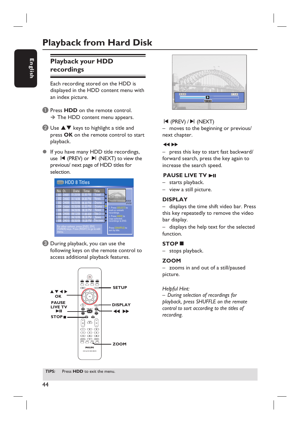 Playback from hard disk, Playback your hdd recordings, English | Pause live tv, Hdd 8 titles | Philips DVDR3455H User Manual | Page 44 / 77
