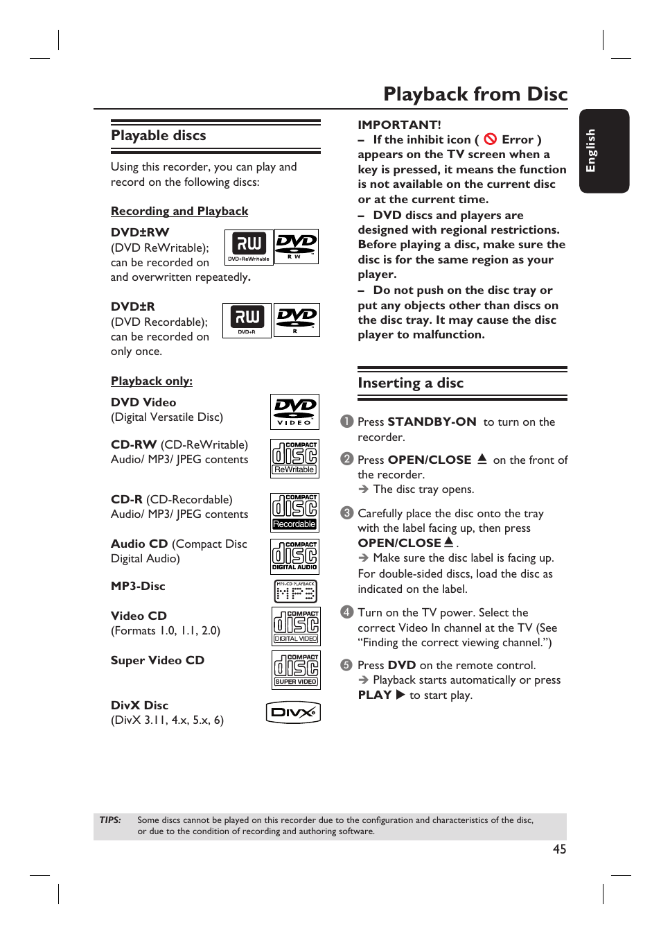 Playback from disc, Playable discs, Inserting a disc | Philips DVDR3455H User Manual | Page 45 / 77