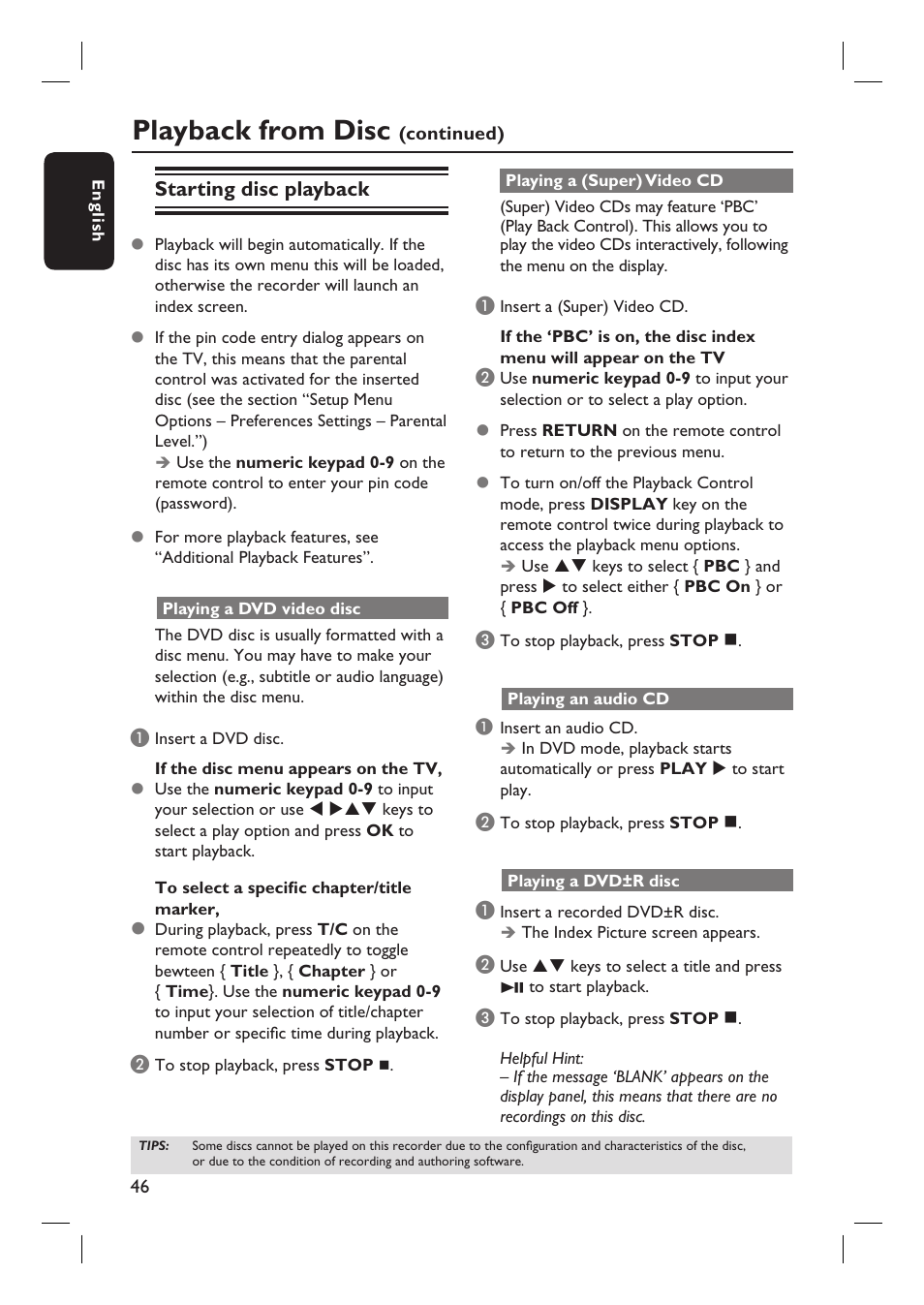Playback from disc, Starting disc playback | Philips DVDR3455H User Manual | Page 46 / 77