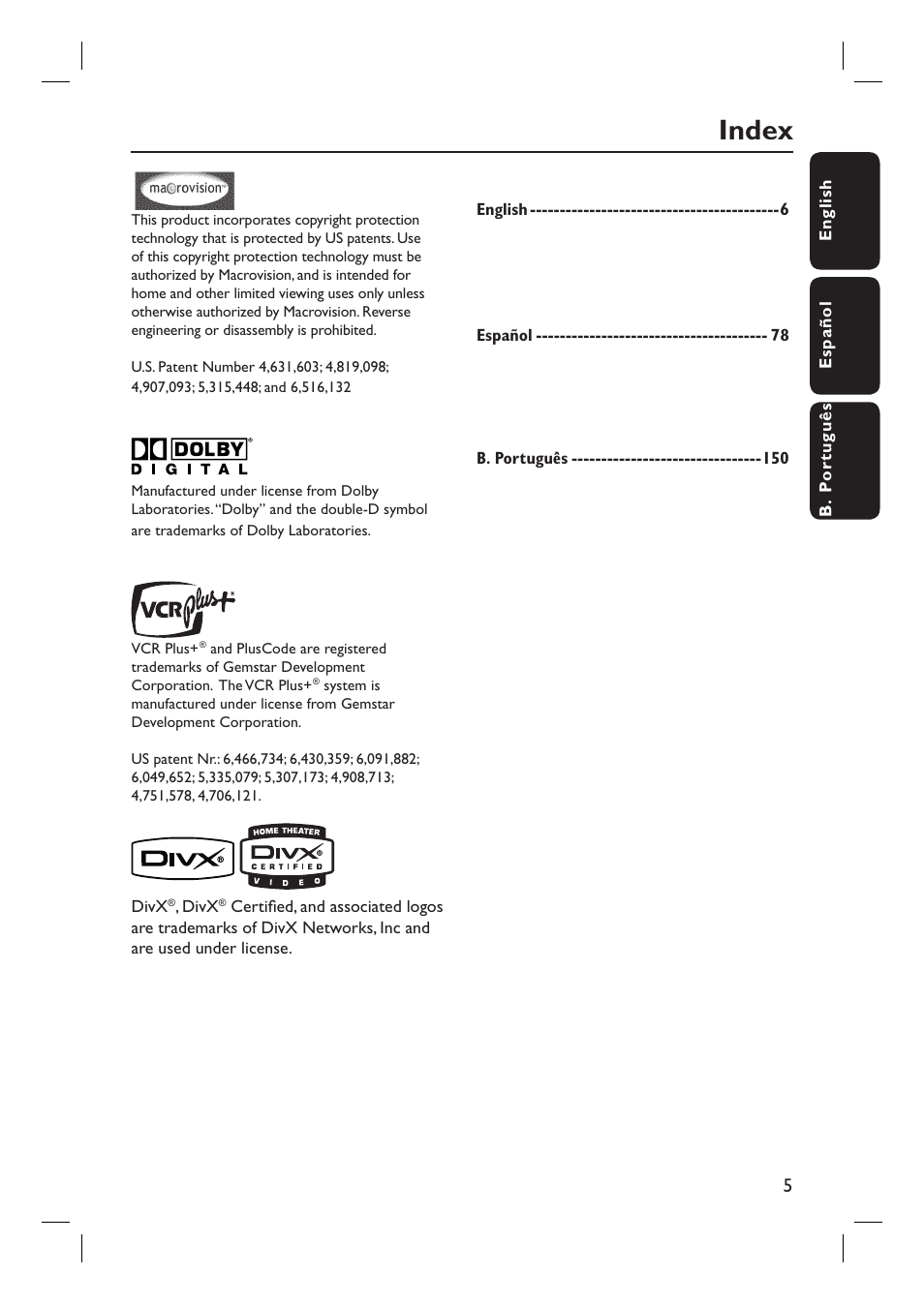 Index | Philips DVDR3455H User Manual | Page 5 / 77