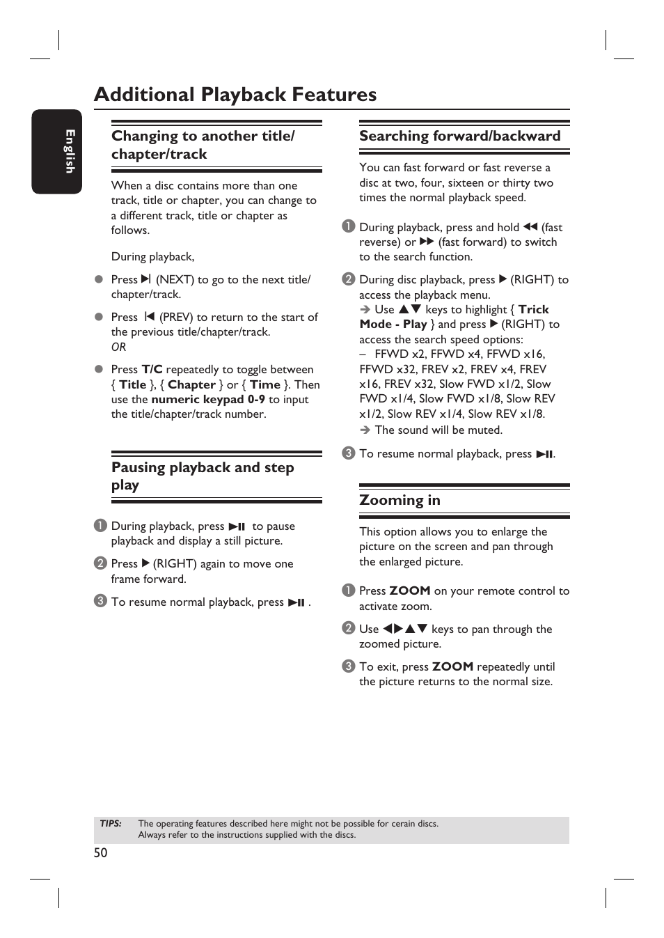 Additional playback features, Changing to another title/ chapter/track, Pausing playback and step play | Searching forward/backward, Zooming in | Philips DVDR3455H User Manual | Page 50 / 77