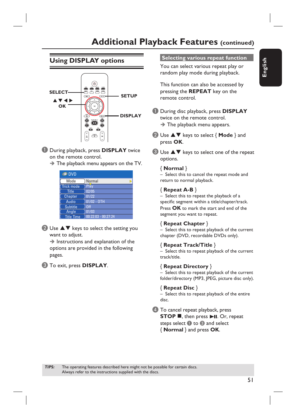 Additional playback features, Using display options | Philips DVDR3455H User Manual | Page 51 / 77