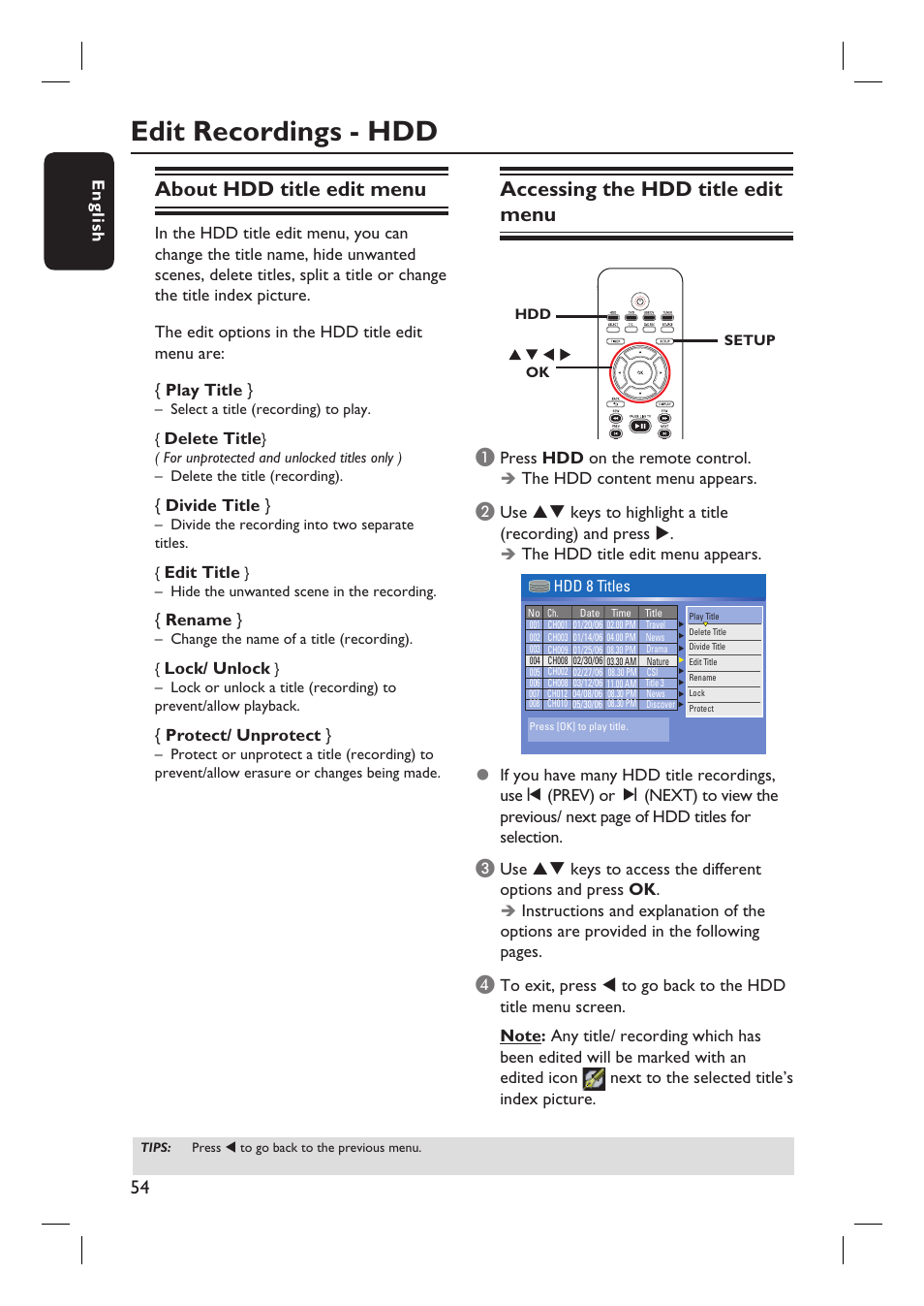 Edit recordings - hdd, About hdd title edit menu, Accessing the hdd title edit menu | English, Delete title, Divide title, Edit title, Rename, Lock/ unlock, Protect/ unprotect | Philips DVDR3455H User Manual | Page 54 / 77