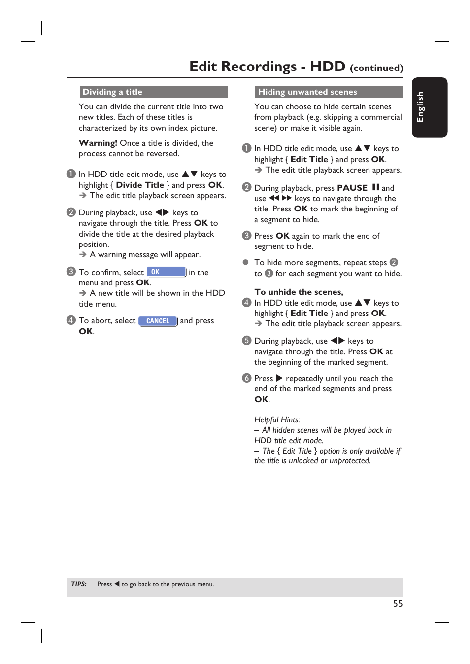 Edit recordings - hdd | Philips DVDR3455H User Manual | Page 55 / 77