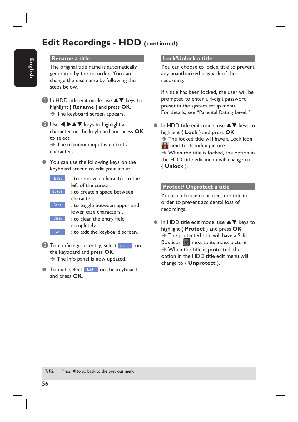 Edit recordings - hdd | Philips DVDR3455H User Manual | Page 56 / 77