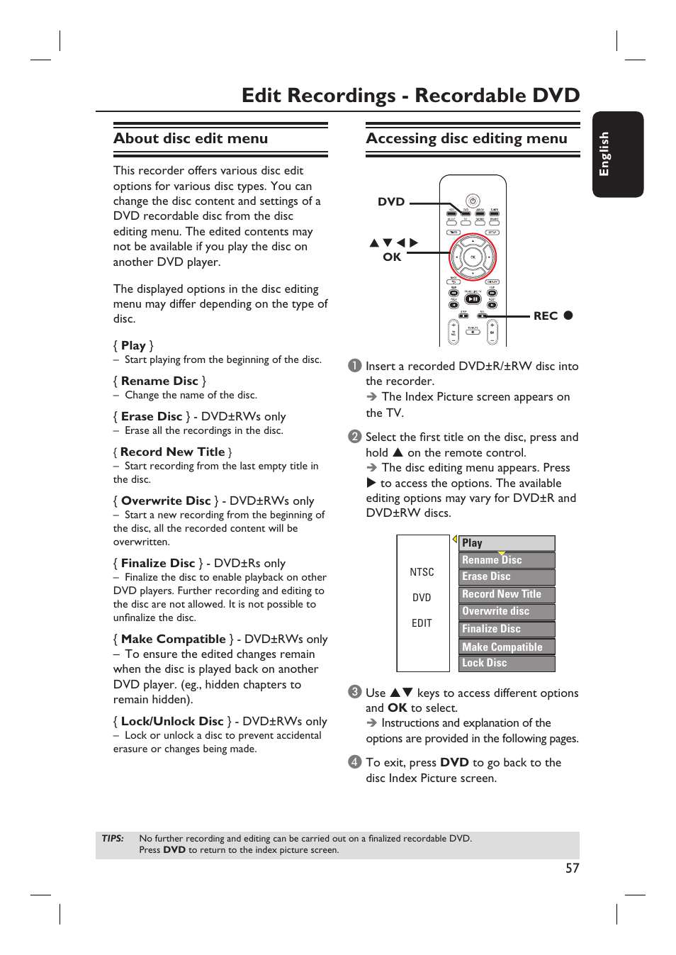 Edit recordings - recordable dvd, About disc edit menu, Accessing disc editing menu | Philips DVDR3455H User Manual | Page 57 / 77