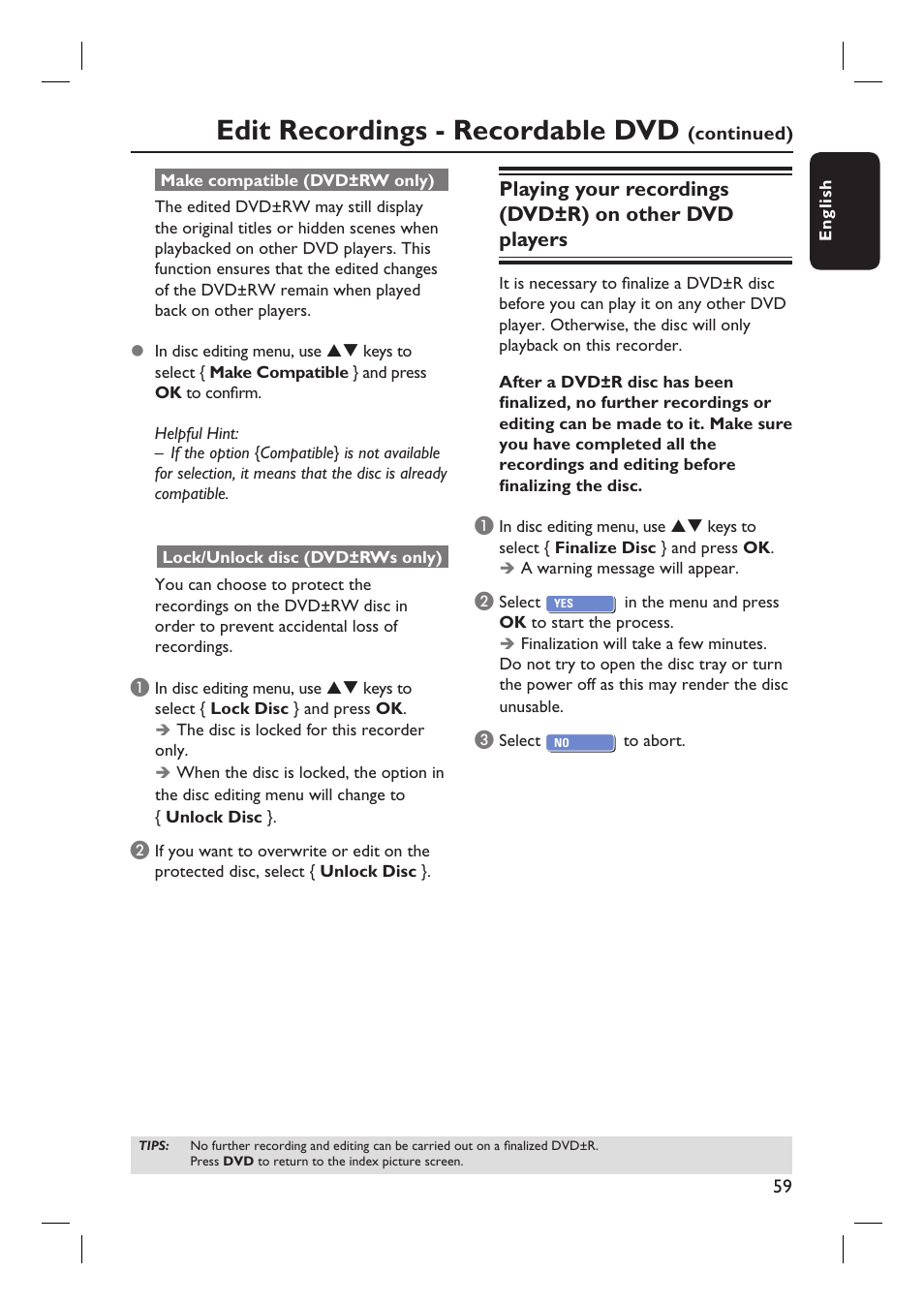 Edit recordings - recordable dvd | Philips DVDR3455H User Manual | Page 59 / 77