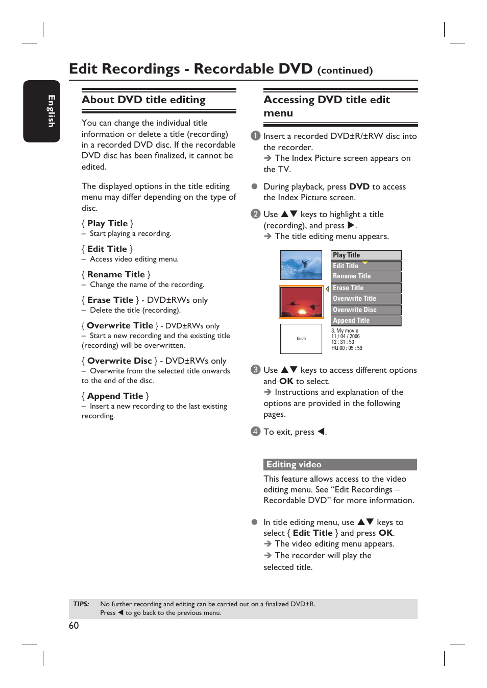 Edit recordings - recordable dvd, About dvd title editing, Accessing dvd title edit menu | Philips DVDR3455H User Manual | Page 60 / 77