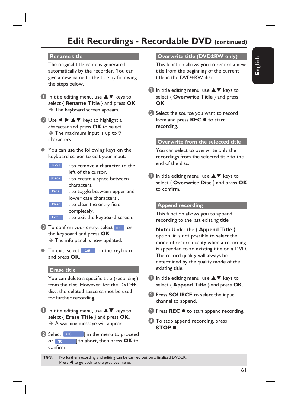 Edit recordings - recordable dvd | Philips DVDR3455H User Manual | Page 61 / 77