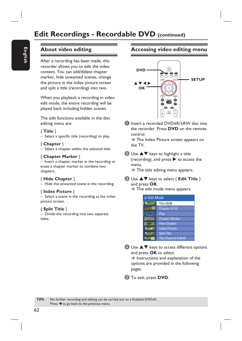 Edit recordings - recordable dvd, About video editing, Accessing video editing menu | Philips DVDR3455H User Manual | Page 62 / 77